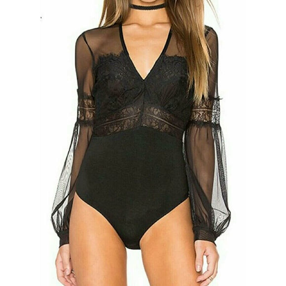 ultrachicfashion.com Tops - Black Lace Bodysuit With Sheer Mesh ultrachicfashion.com Tops - Black Lace Bodysuit With Sheer Mesh